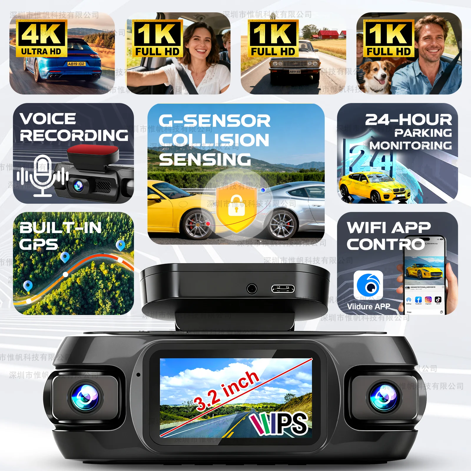 Kamera samochodowa 4CH 4K z GPS, przednia kamera 4K, 2K+3*1080P, kamera 360 °   Monitorowanie parkowania Sterowanie przez aplikację WiFi Noktowizor Nagrywanie w pętli 24h Rejestrator samochodowy DVR