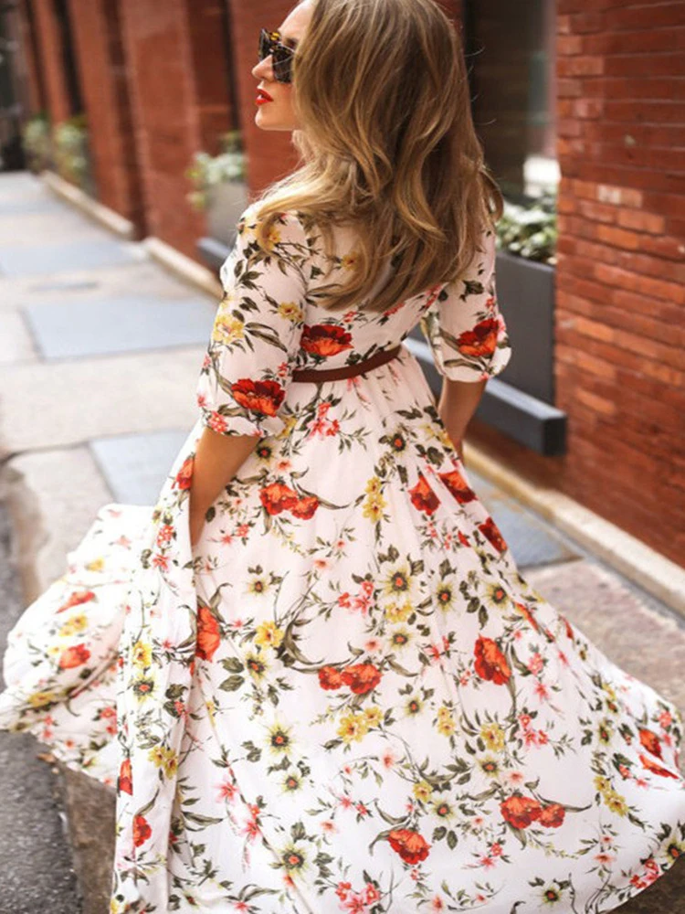 New High Waist Loose Summer Fashion Maxi Dresses Women Floral Printed Ladies Holiday Beach Long Casual Vestido Polyester