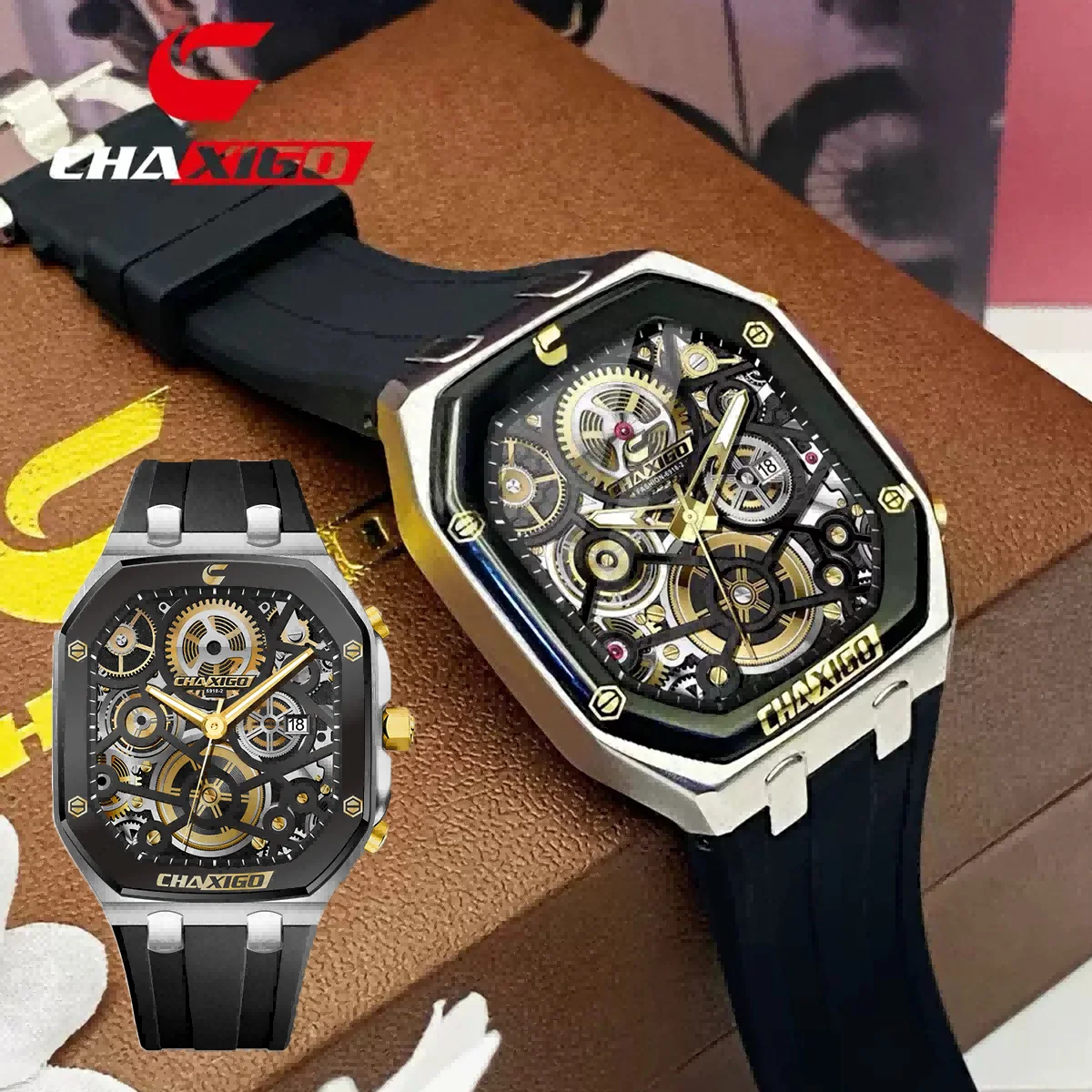 

CHAXIGO Men's Sports Silicone Strap Watch 46mm Luminous Dial 30m Waterproof, Dynamic Design Quartz Watch