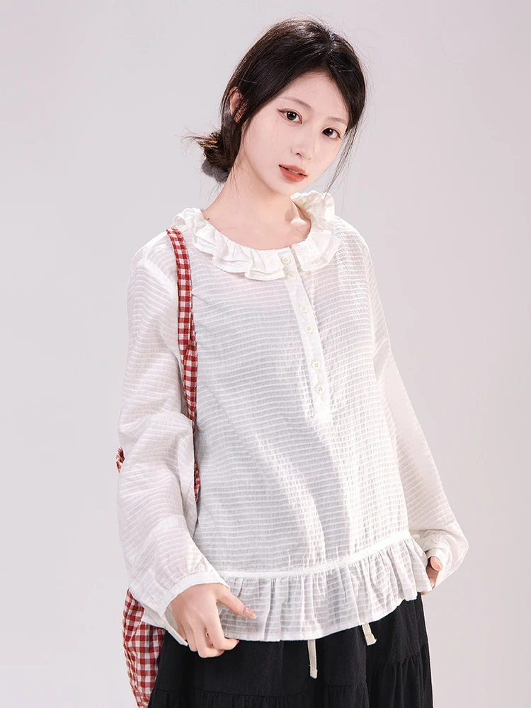 

Sweet Style Long Sleeve Cotton Shirt Women's Double Layer Ruffle Collar Spring Season Fashion