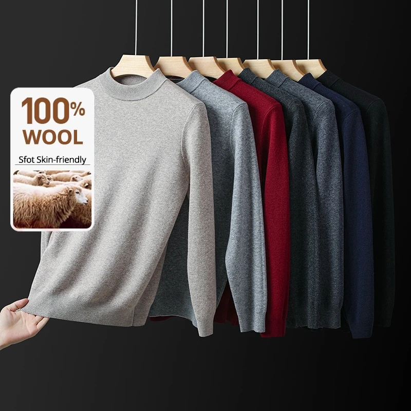Jersey grueso de lana de 100% de gama alta para hombre, jersey de punto de marca a la moda para otoño e invierno, suéter de negocios de medio cuello alto, ropa informal para hombre