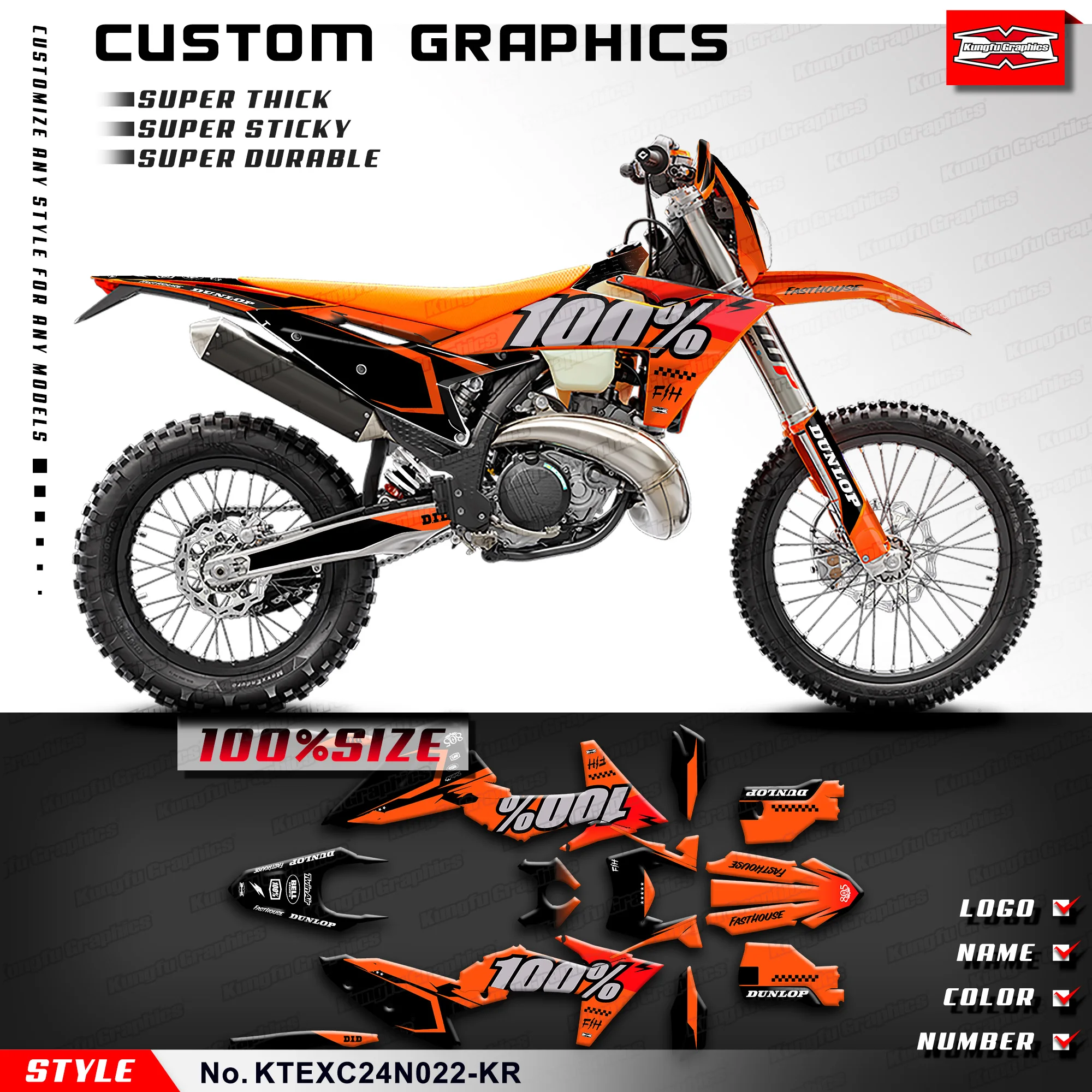 

KUNGFU GRAPHICS Adhesive Sticker Vinyl Graphics for KTM EXC EXC-F XC-W XCF-W 2024 / SX SXF 2023 2024 2025, KTEXC24N022-KR