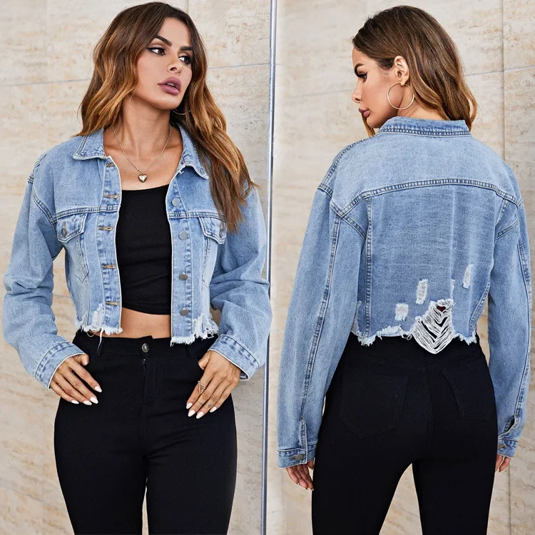 Frayed Distressed Denim Coat Female Turn Down Collar Long Sleeve Jackets Loose Washed Button Spliced Hole Autumn High Street