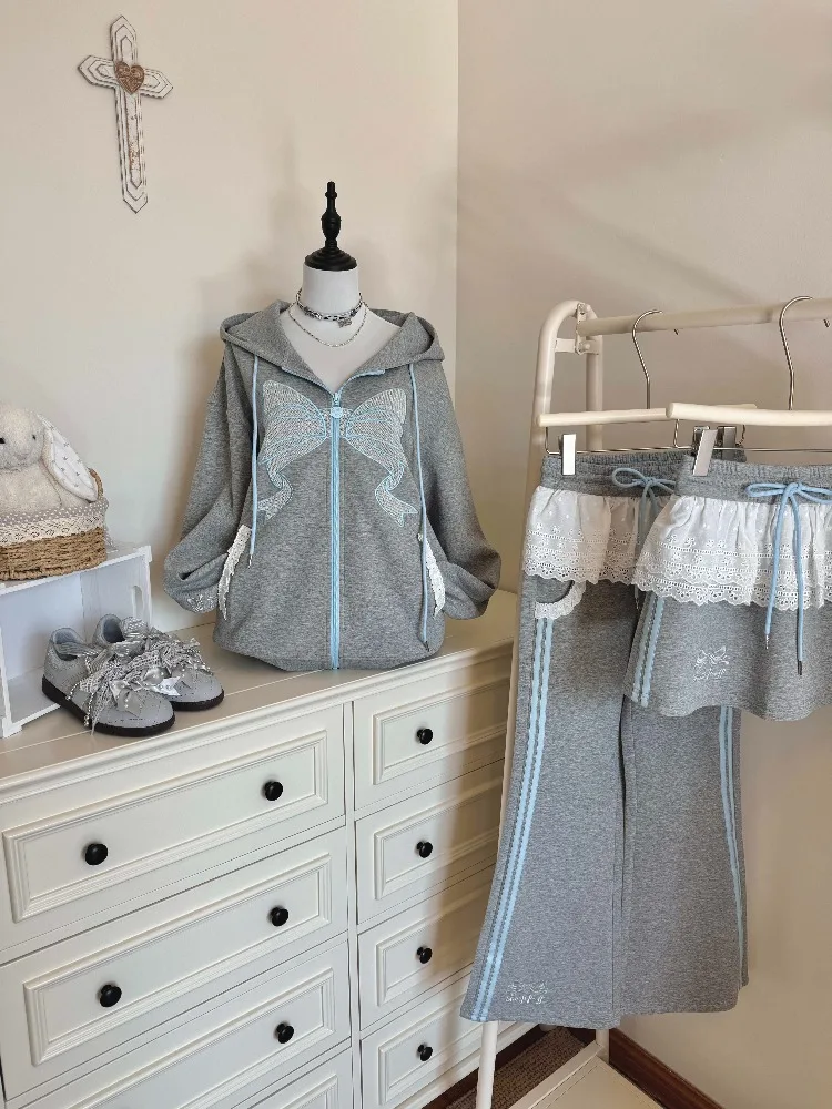 

Original Japanese Sweet Cute Girl Sports Set Embroidered Bow Hooded Sweatshirt High Waist Long sweatpants 2 Piece Sets for Women