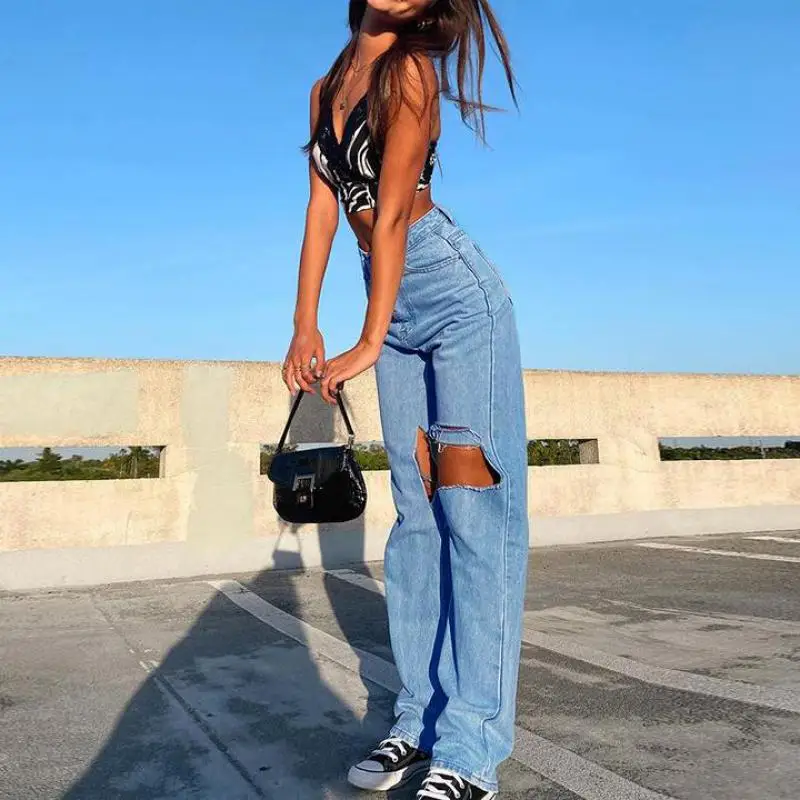 

New Fashion Mom Jeans for Women High Waisted Vintage Loose Wide Legs Pants Y2k Denim Trousers Streetwear Ripped 90s Jeans