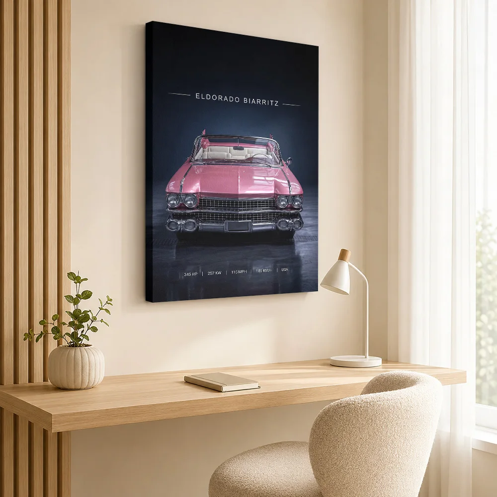 Vintage Pink American Eldorado Classic Car Framed Canvas Poster Personalized Photo Dynamic Canvas Wall Art Garage Studio Decor