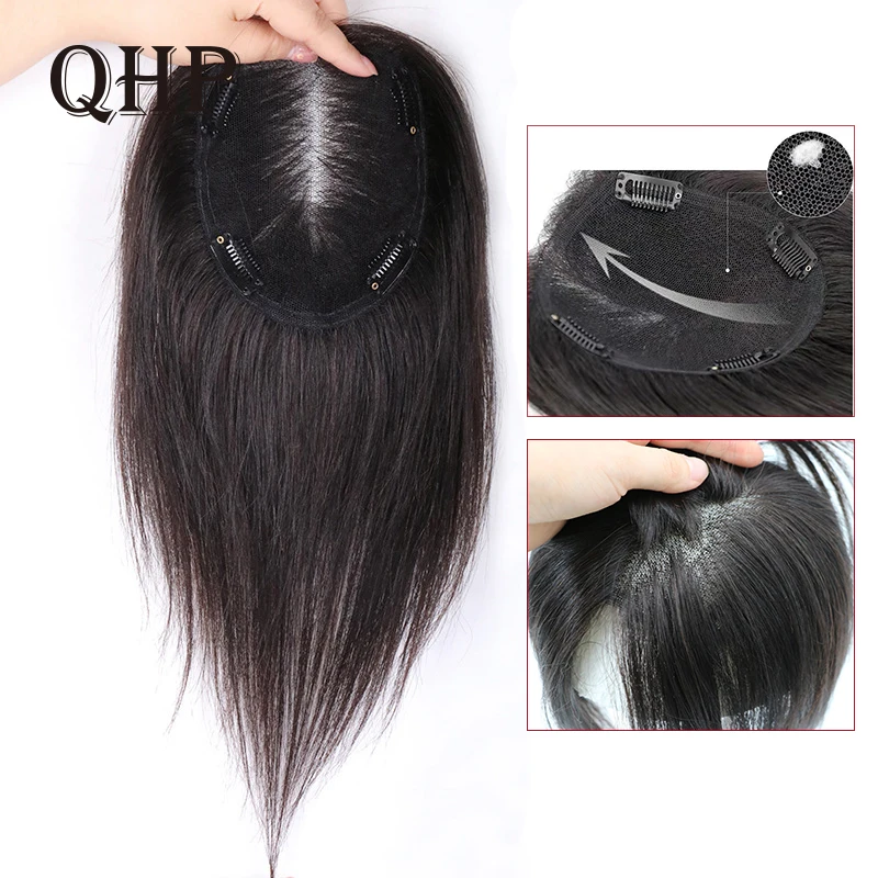 

QHP Swiss Lace Hair Pieces For Women Breathable 100% Virgin Human Hair Toppers Natural Hair Crevice One Piece With Clips Topper