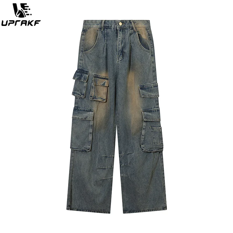 

UPRAKF Basic Flared Jeans Multi Pocket Streetwear Denim Trousers Casual Fashion High Street Pantalones Summer