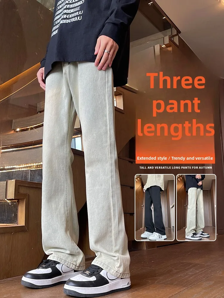 

Осенне-зимние длинные прямые джинсы для более высоких мужчин, модные винтажные джинсовые брюки 90 см в американском стиле, молодежные износостойкие