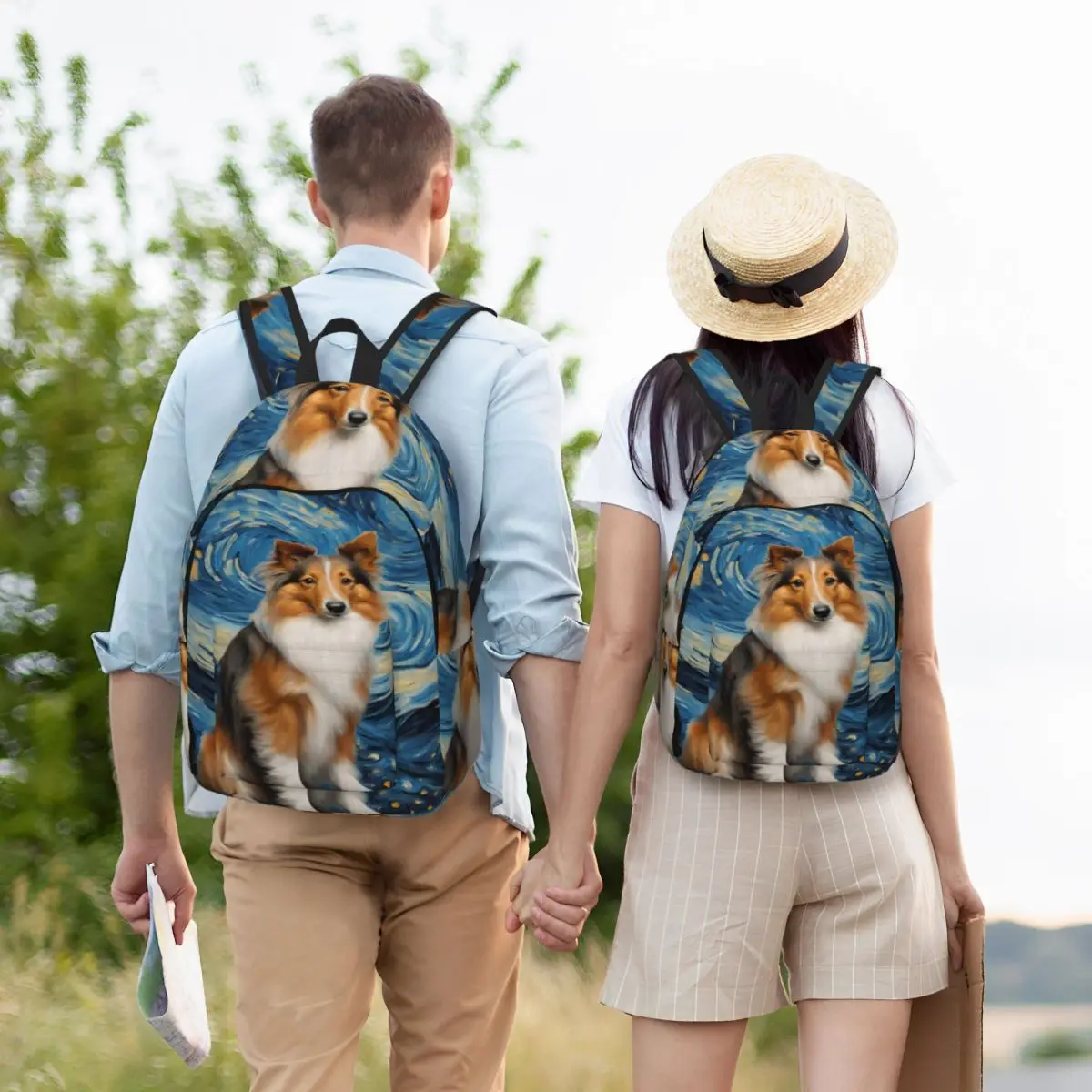 Shetland Sheepdog Dog In A Van Gogh Starry Night Student Backpack School Bag Hiking Travel Daypack for Bookbag Shoulder Bags