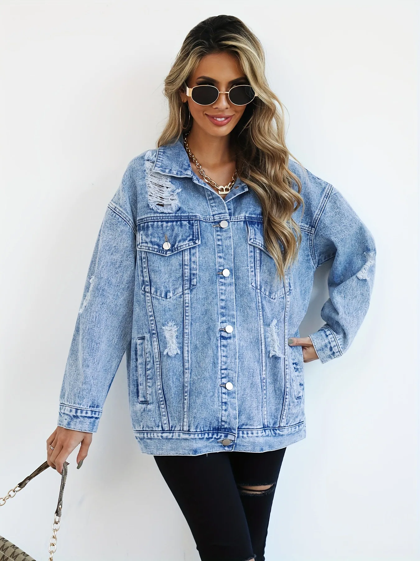 

Loose Women's Denim Jacket Trendy Spring Autumn Holes Detail Casual Style for Ladies
