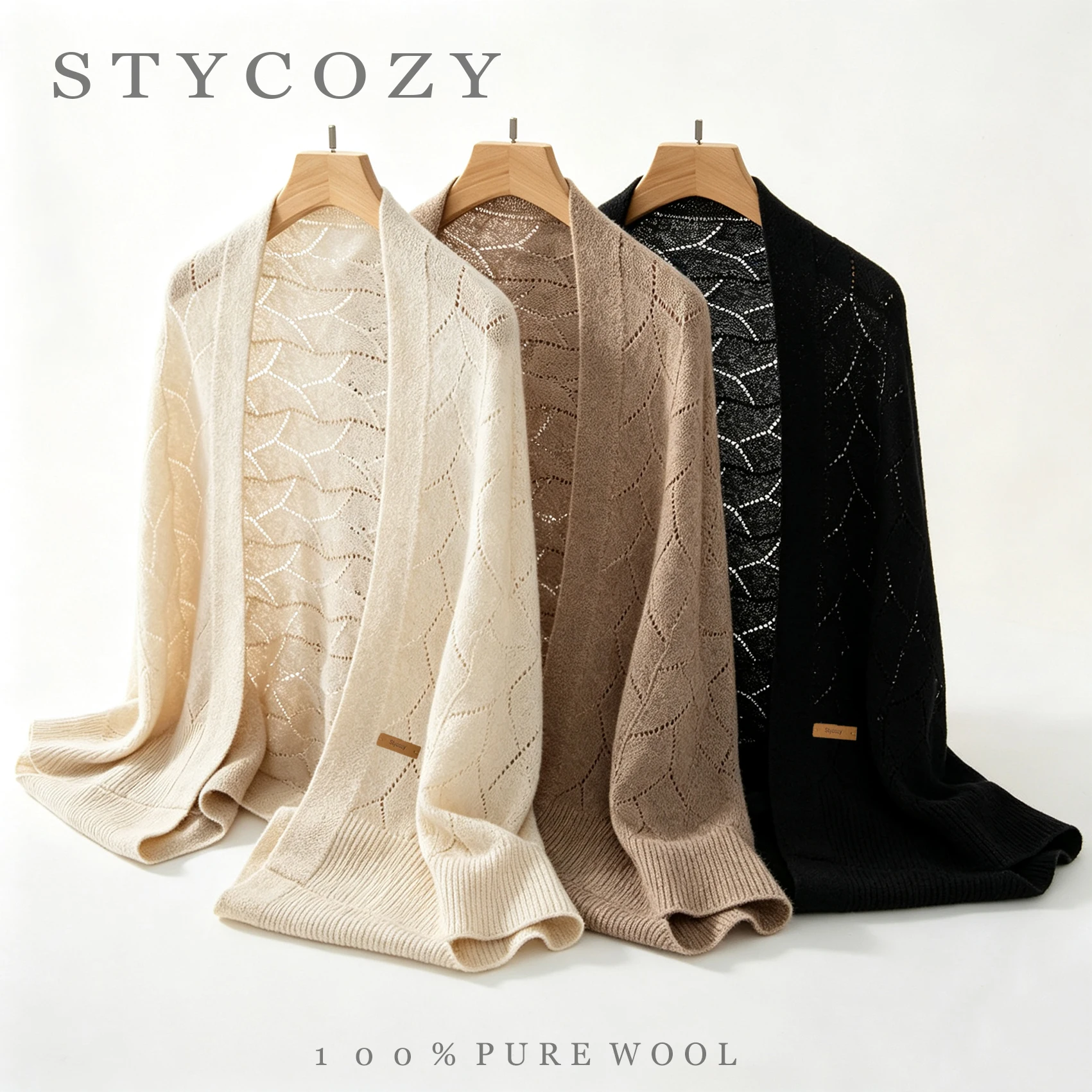 100% Wool Solid Color Herringbone Hollow Leaf Pattern Shawl Knitted Scarf For Women Neck-Warming And Shoulder-Covering Versatile