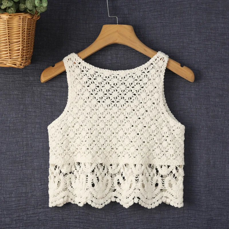 Crocheted Lace Women'S Western Style Summer Wear Short Cotton Thread All-Match Flower Age-Reducing Outer Vest