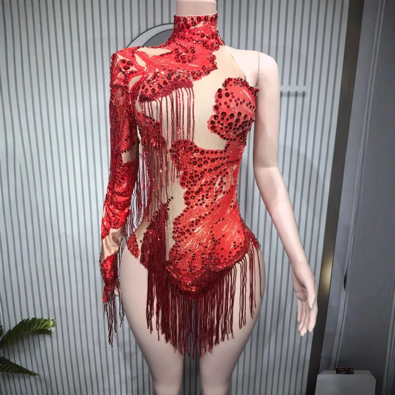 

Women Long Sleeve Spandex Leotard Sparkling Rhinestone Tassel Bodysuit Sexy Stage Costume for Dance Show Jazz Performance zym