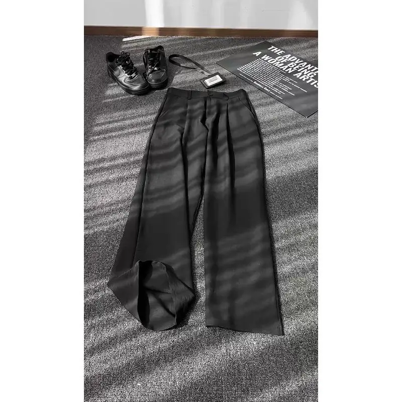 Black Straight Leg Casual Pants for Men Elastic Waist Versatile Loose Fit Large Size Polyester Fiber Autumn Season Wear