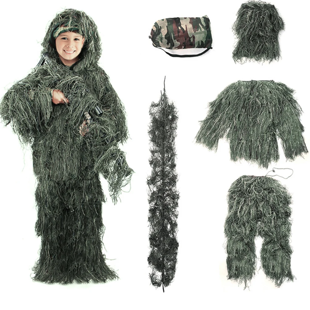 5-piece Set Men Kids Outdoor Ghillie Suit Camouflage Clothes Jungle Suit CS Training Leaves Clothing Hunting Suit Pants Jacket