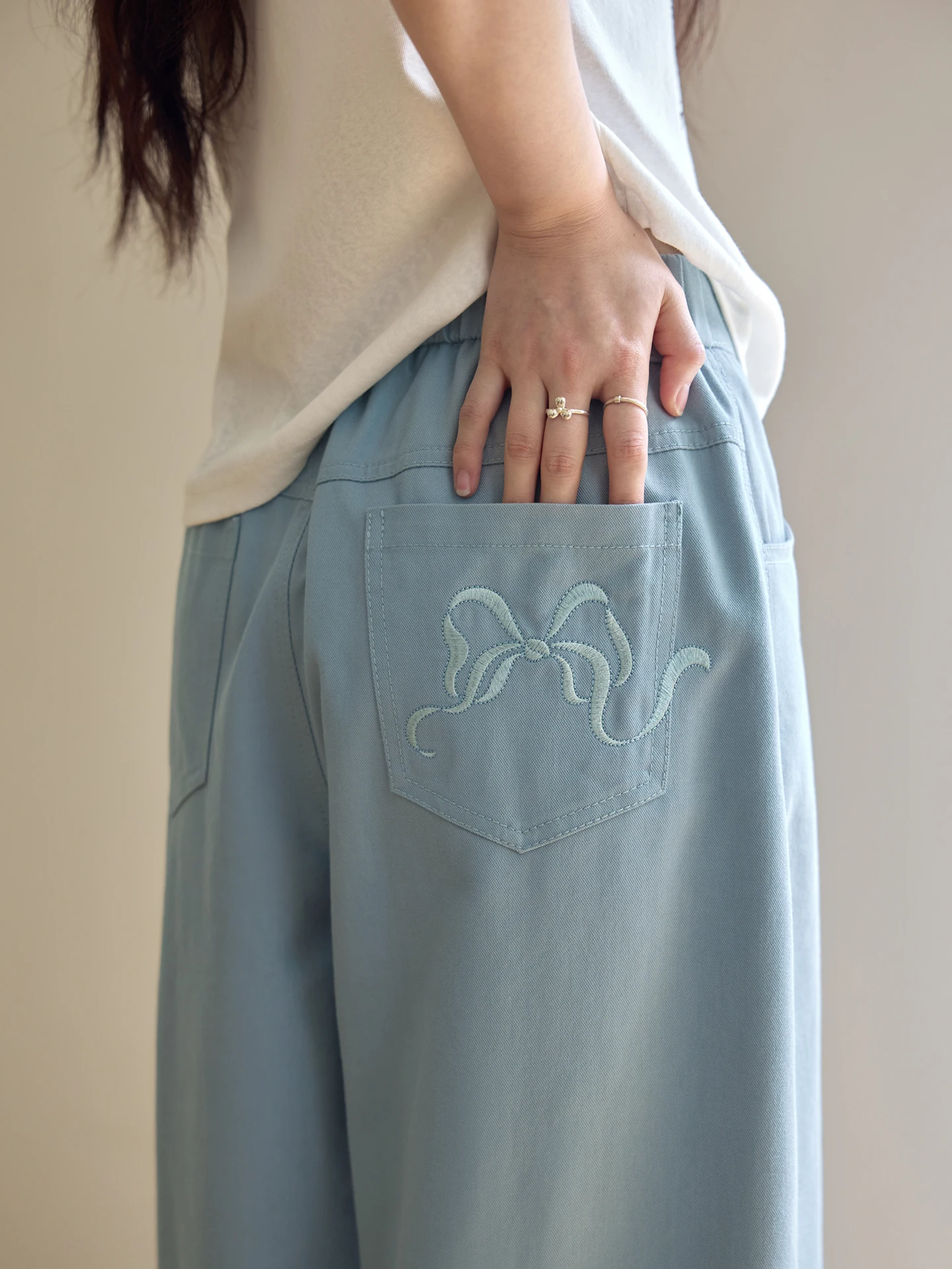 

Женские летние повседневные брюки с высокой талией, вышивкой и узлом, широкие, длинные, с эффектом похудения, из хлопковой смеси, с присборенной линией кроя, комфортные