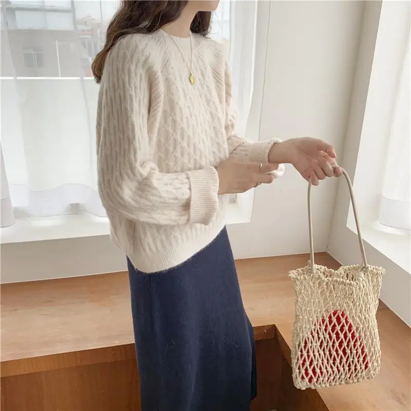 Women's Clothing Round Neck Knitted Jumpers Casual Loose Autumn Winter Colour Solid Color Korean All-match Long Sleeve Sweaters