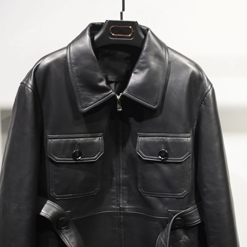 Natural Sheepskin Coat for Women Lapel Zipper Pocekts Black Mid-Length Windbreaker Stylish Casual Long Sleeve Leather Jacket