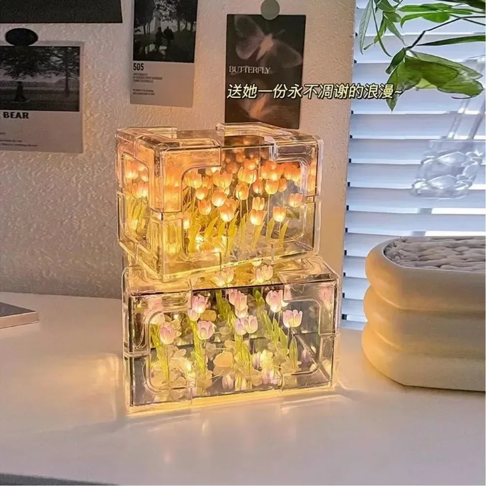 Diy Tulip Flower Sea Cube Three-Dimensional Small Night Lamp Material Package for Couple Girlfriend Home Decor Miniatures Crafts