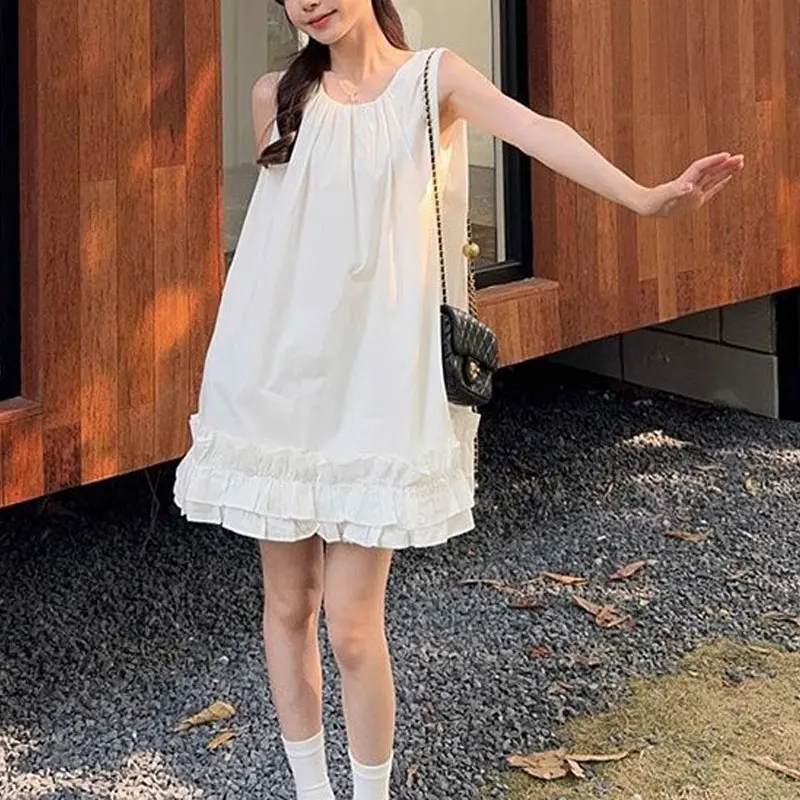 

Stylish Folds Patchwork Mini Dress Women's Clothing Solid Color Casual Summer Sweet Sleeveless Loose A-Line Basic O-Neck Dresses