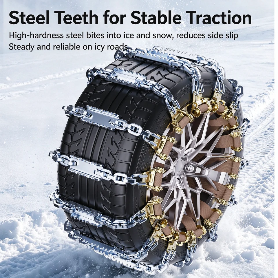 Universal Snow Chains for Car Truck Pickup 165-275mm Adjustable Heavy Duty Anti-Skid Tire Chains with Cam Lock Manganese Steel