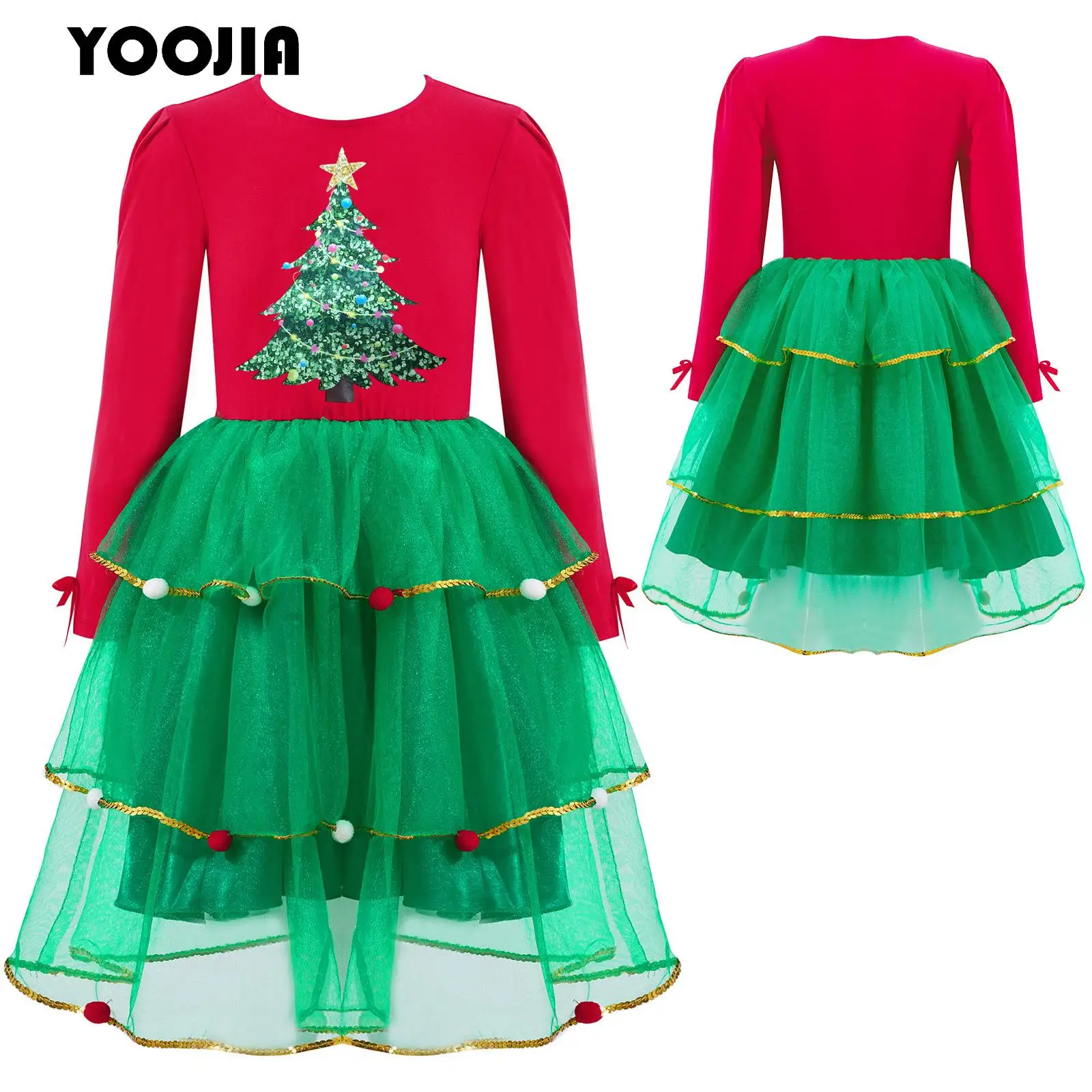 Vestido de árbol de Navidad de elfo para niñas pequeñas, disfraz de señora Santa Claus, disfraz de Año Nuevo con pompones, tutú de tul, vestido de fiesta de princesa y baile