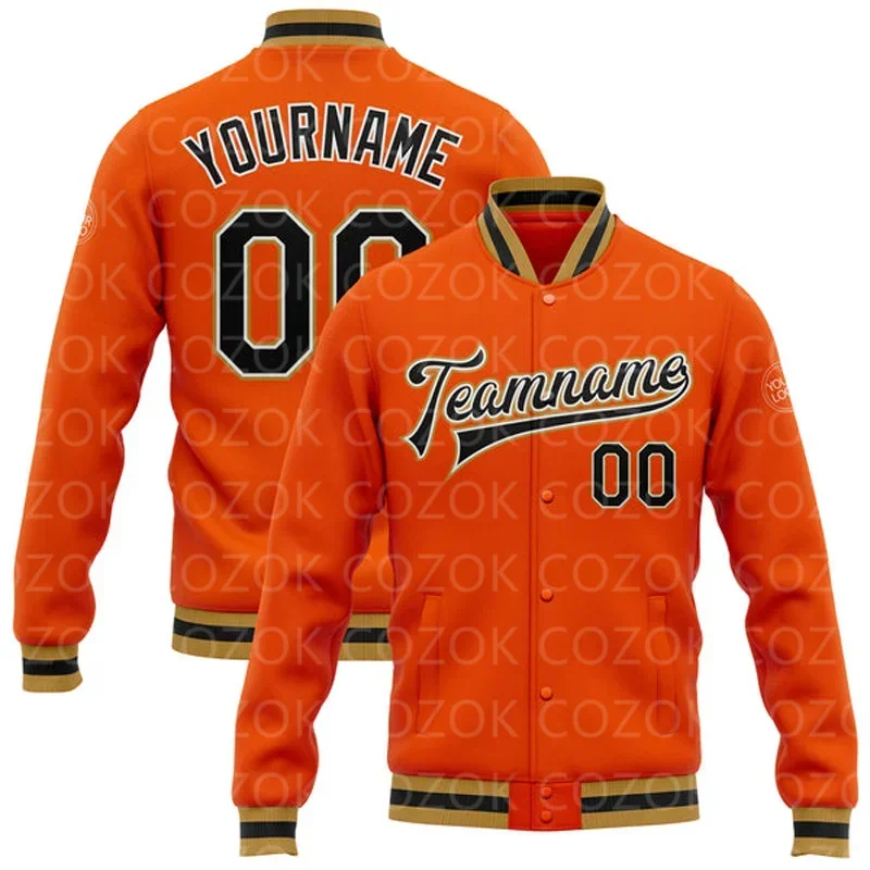 

Custom Orange Light 3D Printed Baseball Button Jacket Bomber Full-Snap Varsity Letterman Jacket