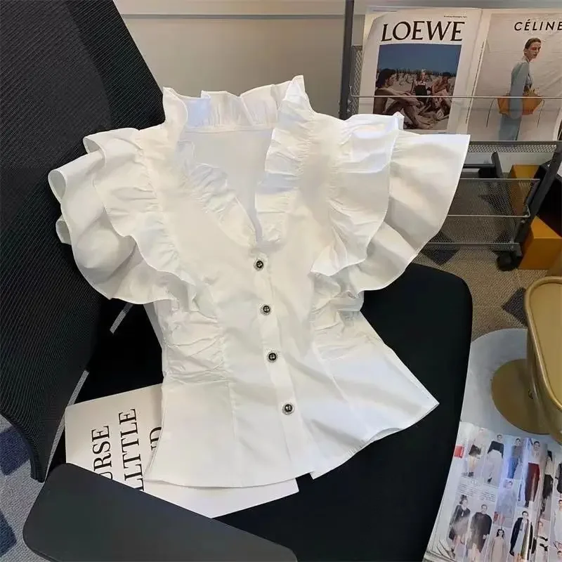 

Fashion Slim Solid Color Women's Ruffles Flying Sleeve Blouse Summer Simplicity Elegant V-Neck Sleeveless Shirt Female Clothing