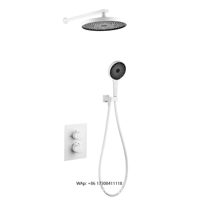 

White Brass Modern Bathroom Shower Set Thermostatic Rain Shower Head with Tee Handheld Shower and Wall Mount Bracket