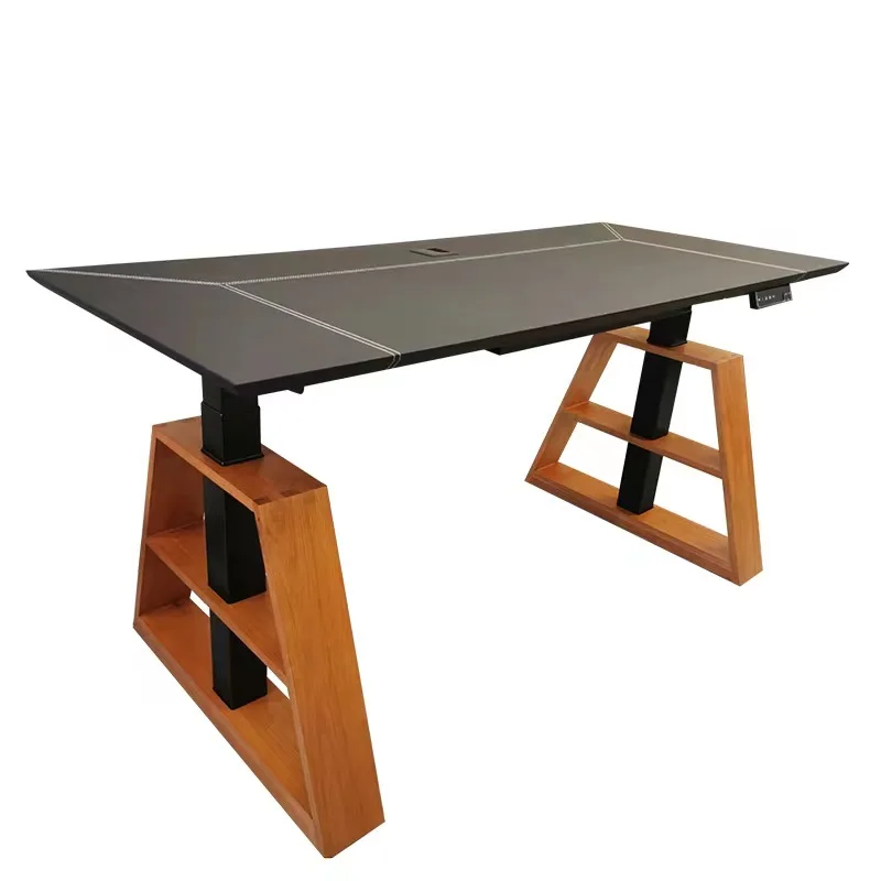 Intelligent Electric Lifting Table, Computer Desk, Office Leather Tabletop, Red Oak Solid Wood Leg Protection Table Rack A688