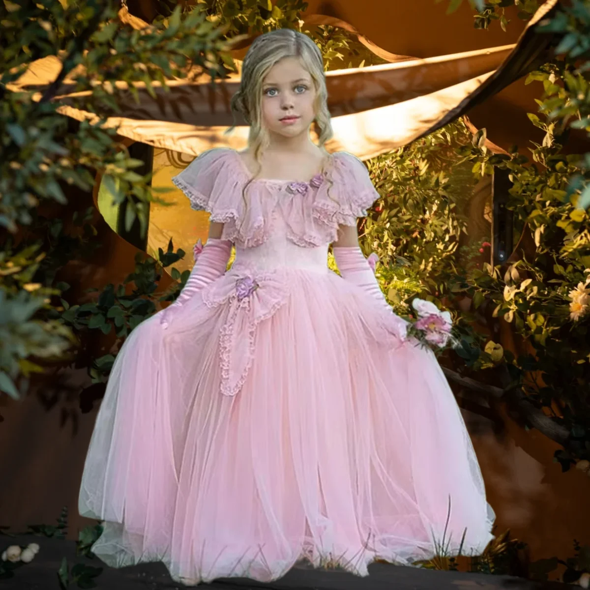 

Pink Tulle Applique Lace Flower Girl Dress For Wedding Floor Length Princess Cute Child First Eucharistic Birthday Party Dresses