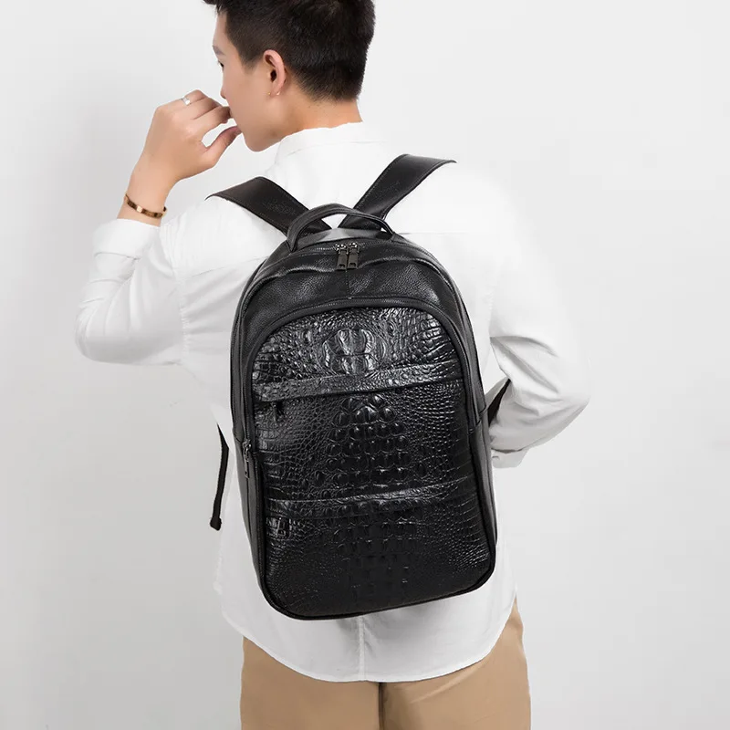 2023 Fashion Genuine Leather Men Backpacks Alligator Real Natural Leather Student Backpack Boy Luxury Travel Computer Laptop Bag