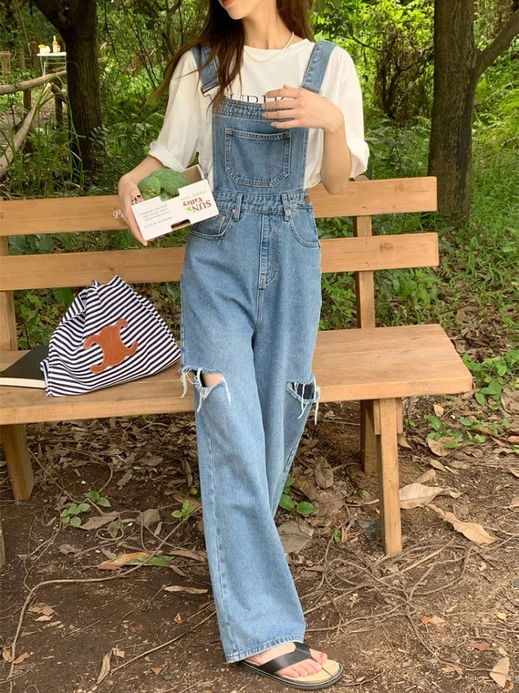 Jumpsuits Women Fashin Streetwear Chic Cozy Denim Hole Korean Style Simple Straight Trousers Daily All-match Special Mature New