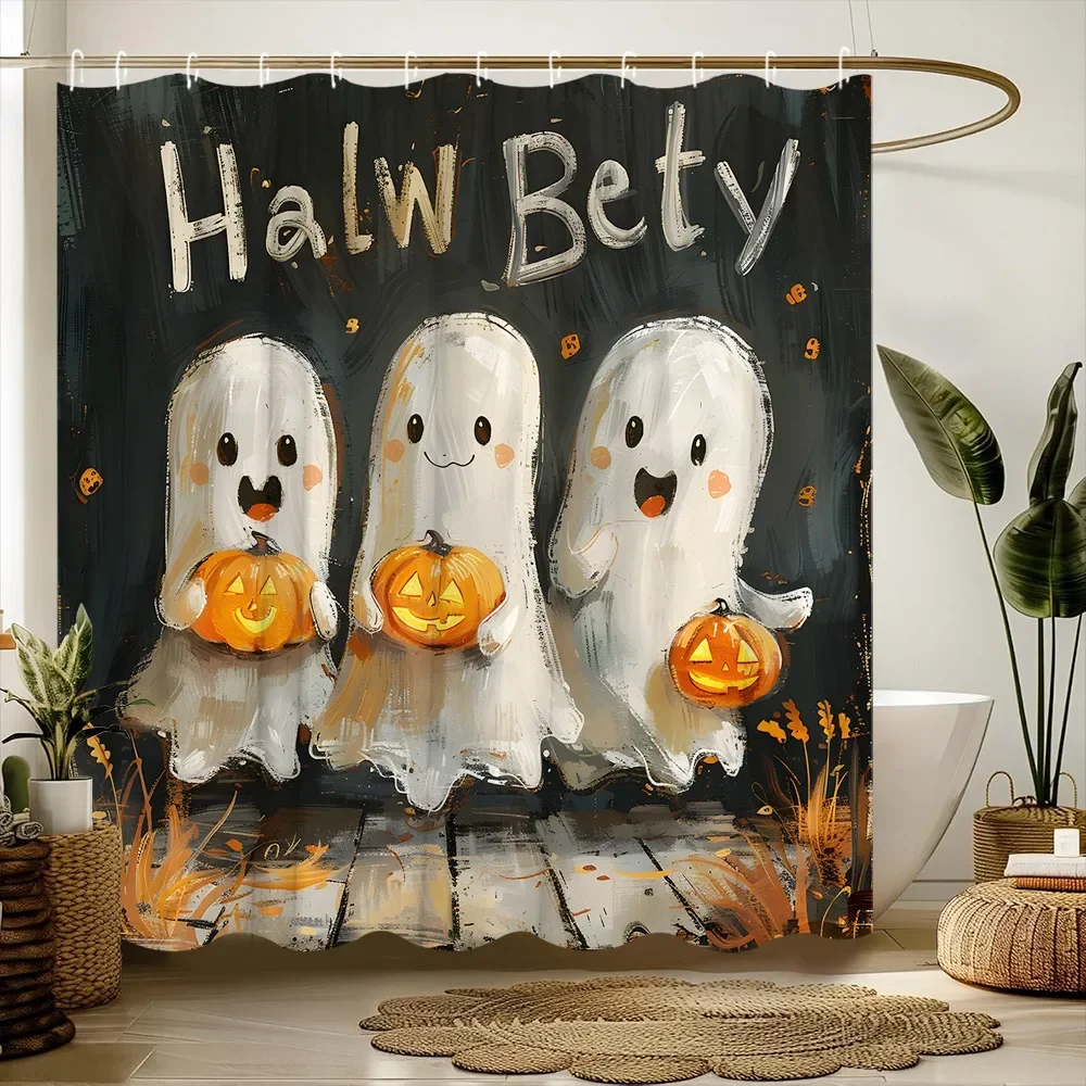 Cute Ghost Shower Curtain Spooky Halloween Cartoon Bat Spider Web Pumpkin Kid Home Polyester Fabric Bathroom Decorative Curtai