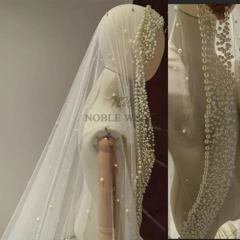 

Длинная свадебная фата 1T Роскошная фата с жемчугом без расчески по индивидуальному заказу