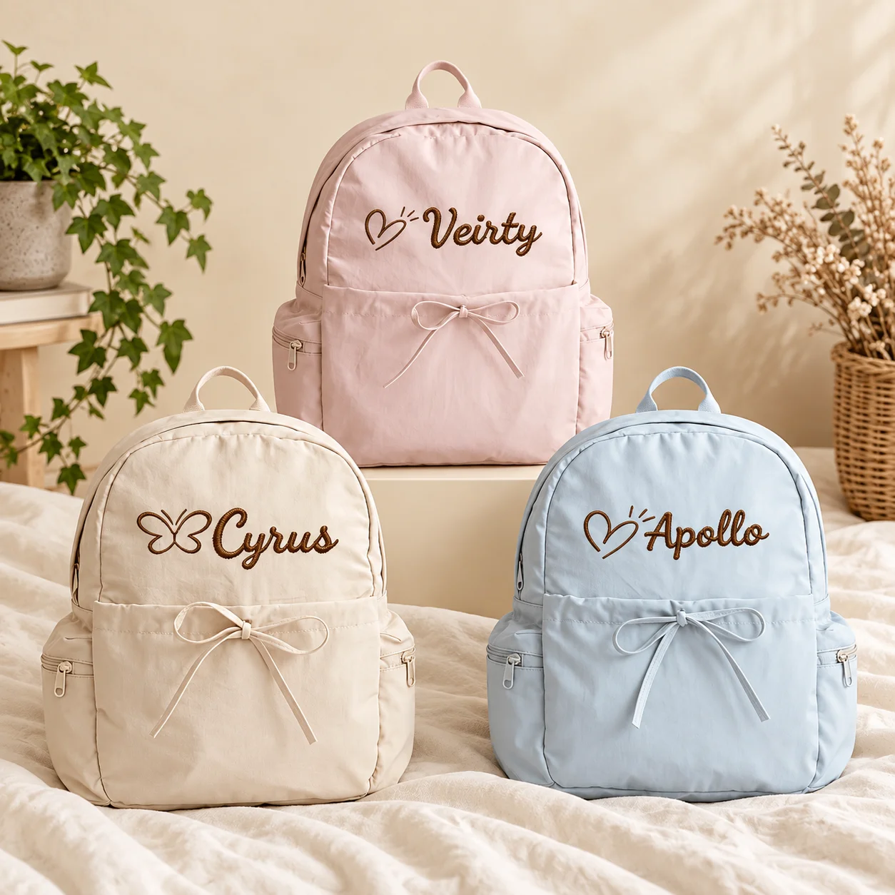 Embroidered Name Cute Bow Nylon Backpack, Lightweight Sweet Style Daypack for School Outdoor,Unique Anniversary & Christmas Gift