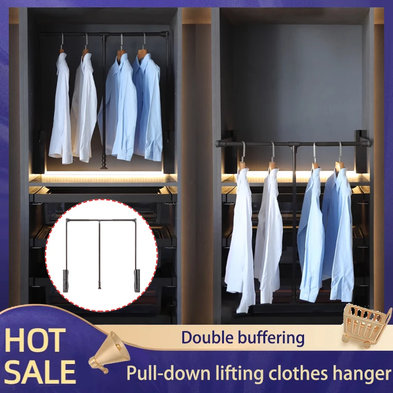

Pull-Down Clothes Rail Double Buffer Adjustable See-Through Cloakroom Household Pull Rod High Cabinet Lift Clothes Rod