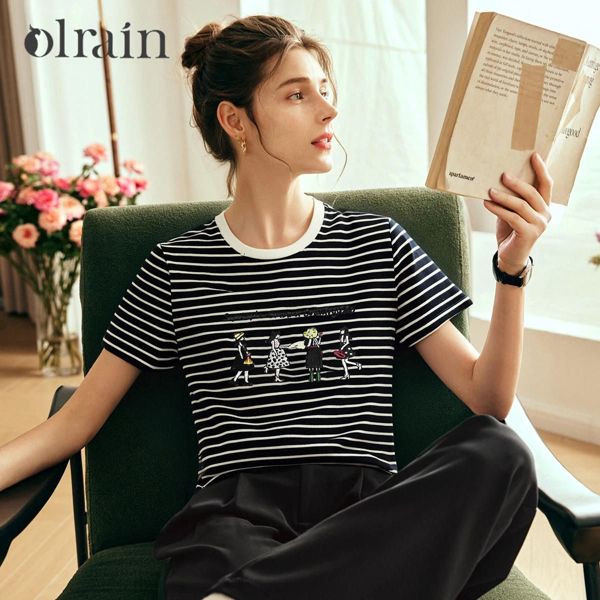 

OLrain Woman 2026 Summer Casual Contrast Color Clothes Crew Neck Striped Embroidered Short Sleeve Top Chemises Femmes O57XT99150