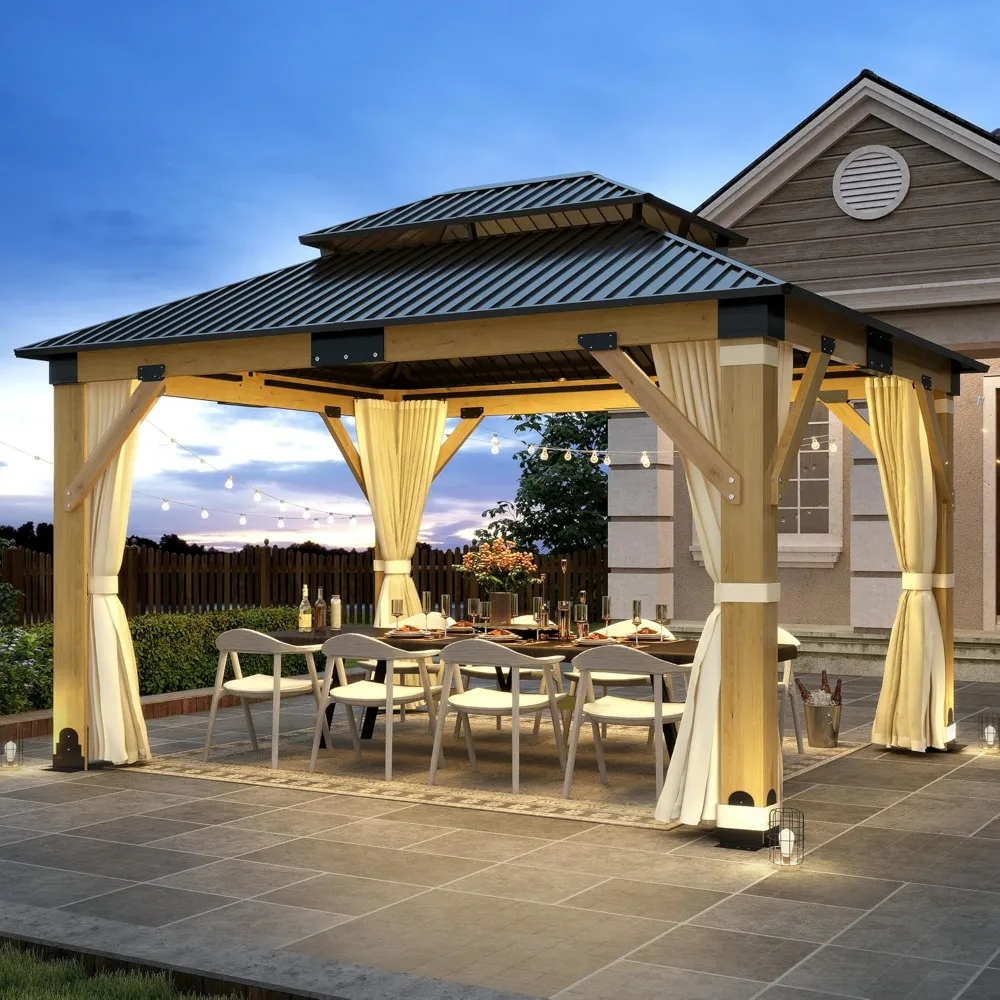 11’x13’ Patio Gazebo, Galvanized Steel Roof Gazebos & Privacy Curtains and Netting, Double Vented Roof Hardtop Gazebo