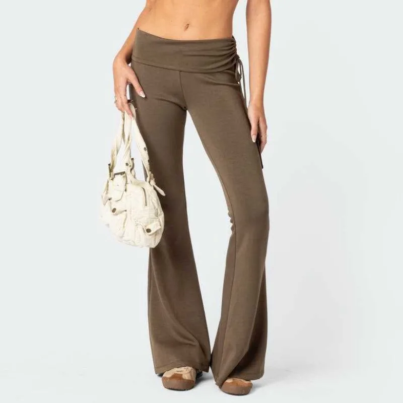 Women Fold Over Waist Flare Pants Side Drawstring Ruched Slim Solid Color Autumn New Vintage Stretch Casual Bell Bottom Trousers