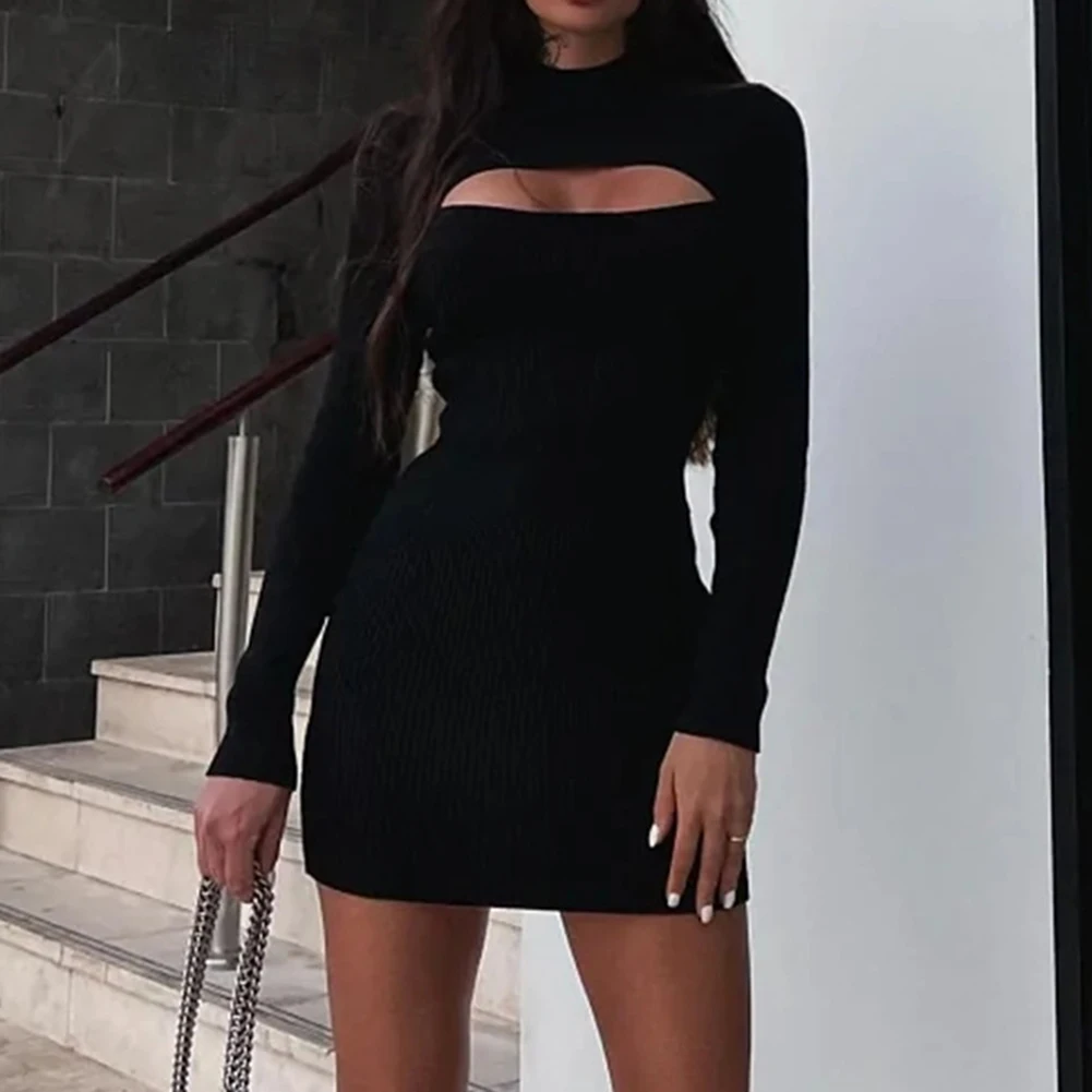 Fashionable Long Sleeve Knitted Dress  Sexy Hollow Pattern  Ribbed Texture  Solid Color  Comfortable and Skin friendly S L Sizes
