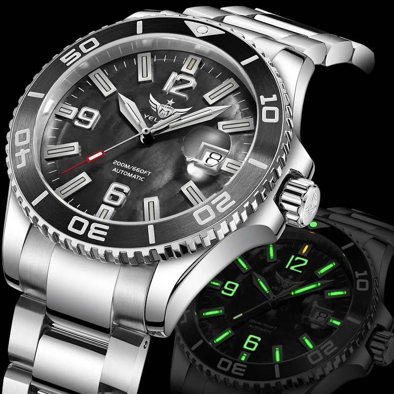Yelang 42mm v5.3 relógio mecânico automático masculino luminoso t100 200m mergulho à prova dwaterproof água sw200 movimento relógio safira 20bar reloj