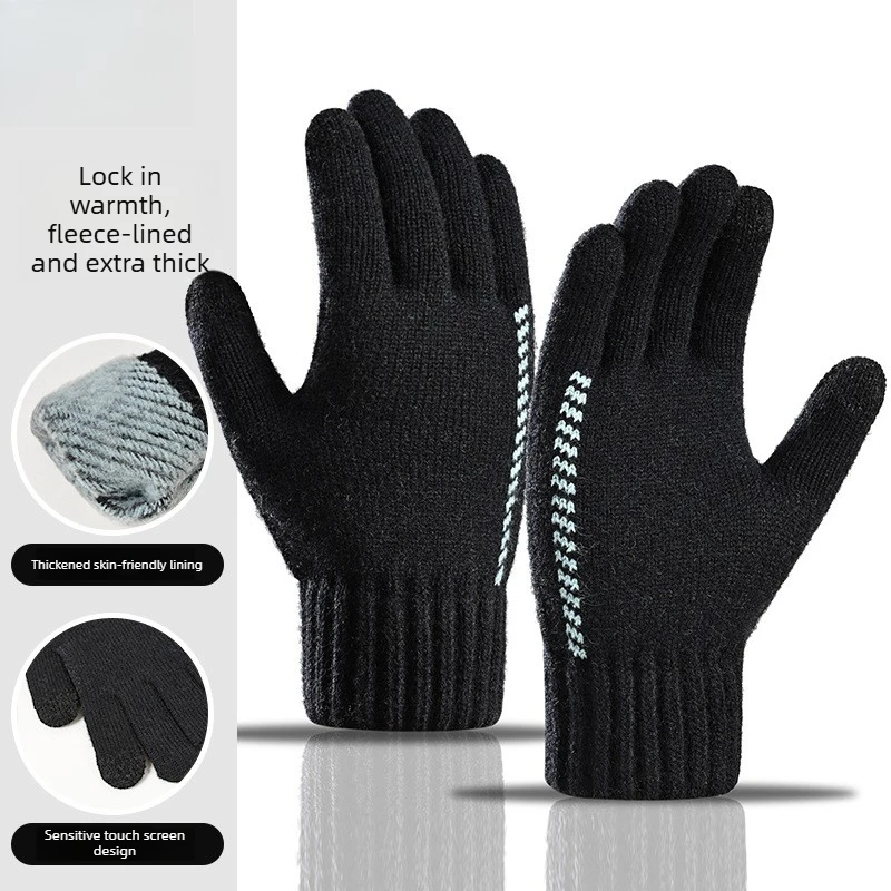 Grenzüberschreitende warme Winterhandschuhe für Herren, verdickt und mit Fleece gefüttert, Fünf-Finger-Strick-Touchscreen-Handschuhe zum Radfahren im Freien