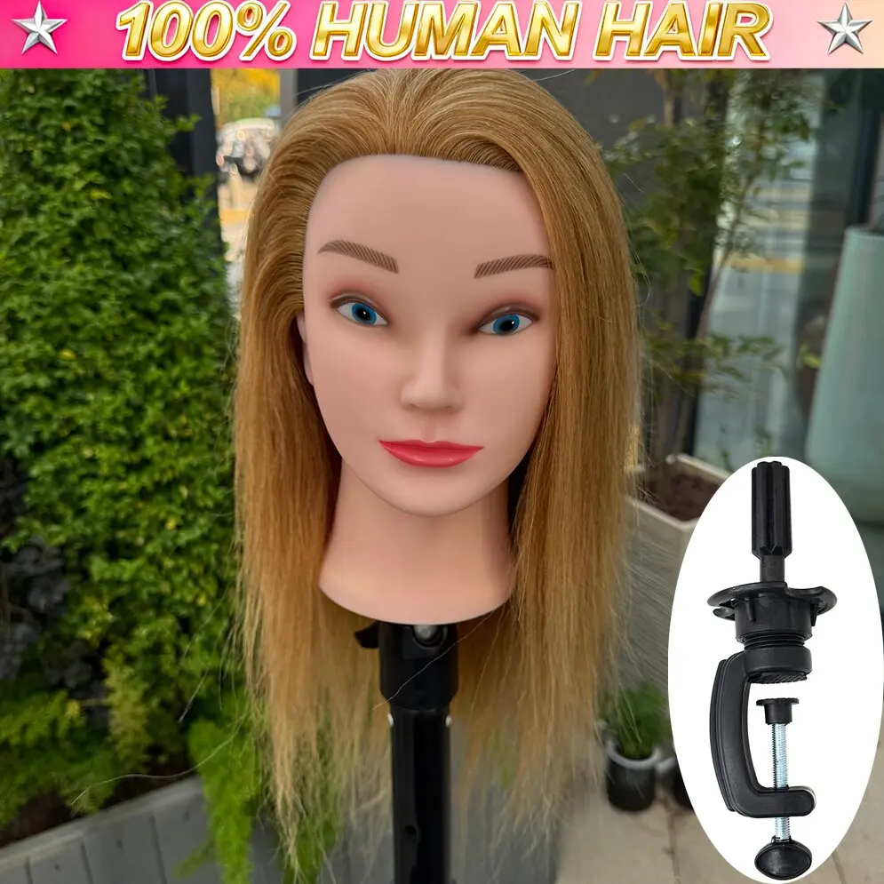 

100% Human Hair Professional Hairdressing Training Head Mannequin with Table Clamp Holder for Hairdresser Practice Braiding