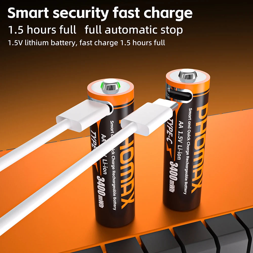 PHOMAX Rechargeable Batteries AA 3400mWh AAA 666mWh Lithium-Ion Battery 1.5V AA/AAA Cell for Clock Mice Computers Toy Remote