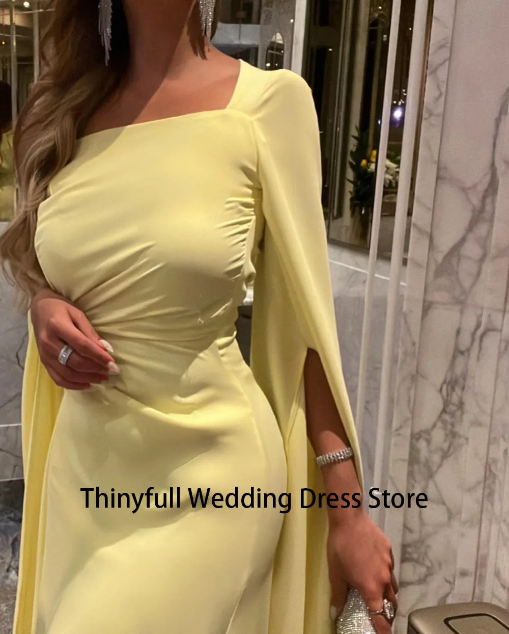 Thinyfull Saudi Arabia Mermaid Evening Dresses Pleat Cape Prom Gowns Long Formal Occasion Dresses Party Events Dresses Women