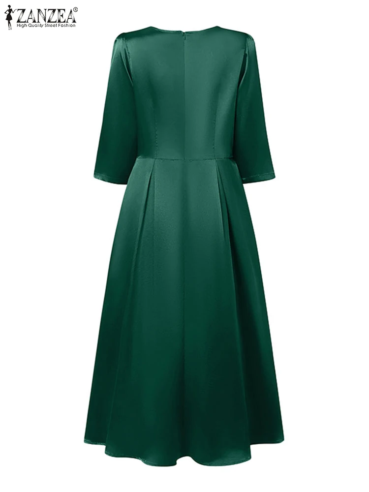 เดรสซาตินสำหรับงานปาร์ตี้ ดีไซน์หรูหราทันสมัย แบรนด์ ZANZEA คอทรงโอ แขน 3/4 ทรงเข้ารูปช่วงเอว จับจีบแบบกลับด้าน ทรงเอไลน์ ความยาวปานกลาง ไซส์ S-3XL