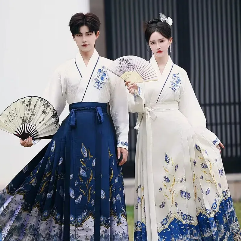 

Autumn Chinese Hanfu 2pcs Sets Women&Men New Year Costume Oversized Ming Dynasty Horse Face Skirt Shirt Pleats Skirt Plus Size