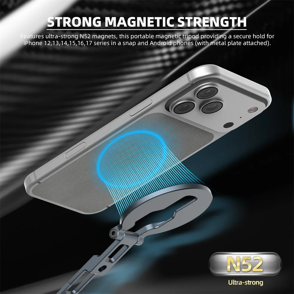 CAMOLO Magnetyczny Statyw do Telefonu Aluminiowy Stojak na Telefon z Składanym Hakiem + Arca-Swiss + Zimna Stopka 1/4'' do iPhone 17 16 Android Magsafe — zdjęcie produktu 4
